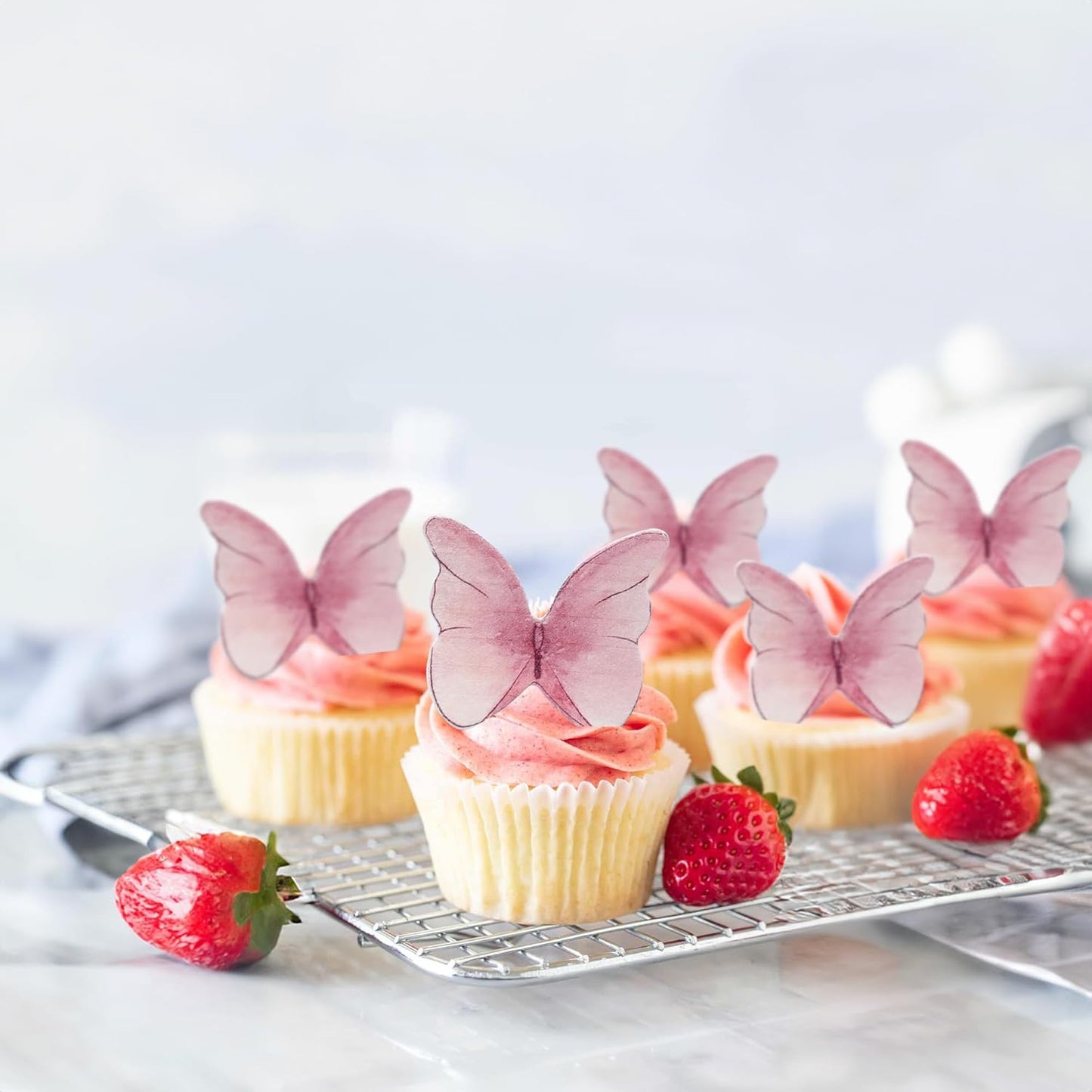 Ephlyn 48Pcs Edible Butterfly Cupcake Toppers Cute 3D Butterfly Cake Picks for Butterfly Theme Baby Shower Bridal Shower Boys Girls Birthday Party Cake Decorations Supplies Pink