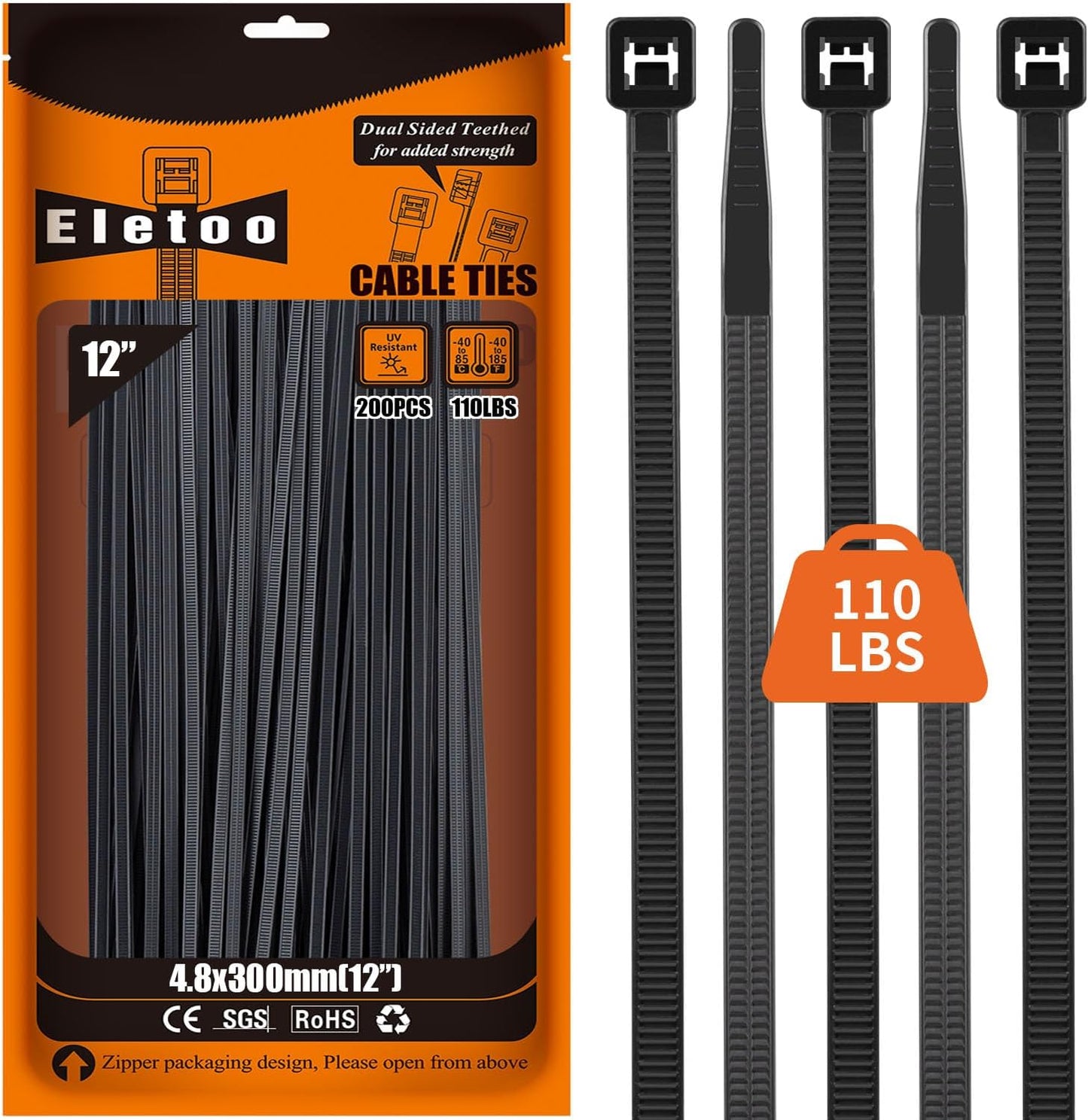 12 Inch Black Zip Ties (200 Pack), 2024 New Patented Design,110 LBS Tensile Strength, Self-Locking Nylon PA66 UV Resistant Cable Ties for Indoor and Outdoor Use