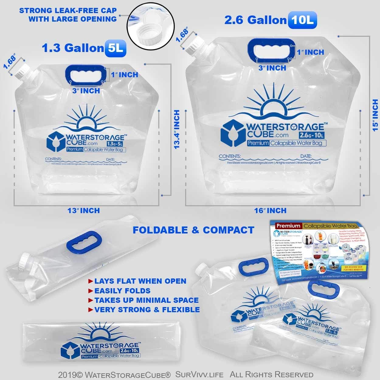 WaterStorageCube 3pc/5pc Premium Collapsible Water Container Bundle Cube + Bag, No BPA Camping Drink Storage Carrier Jug for Outdoors Hiking Backpack & Survival, No-Leak Foldable Portable & Freezable