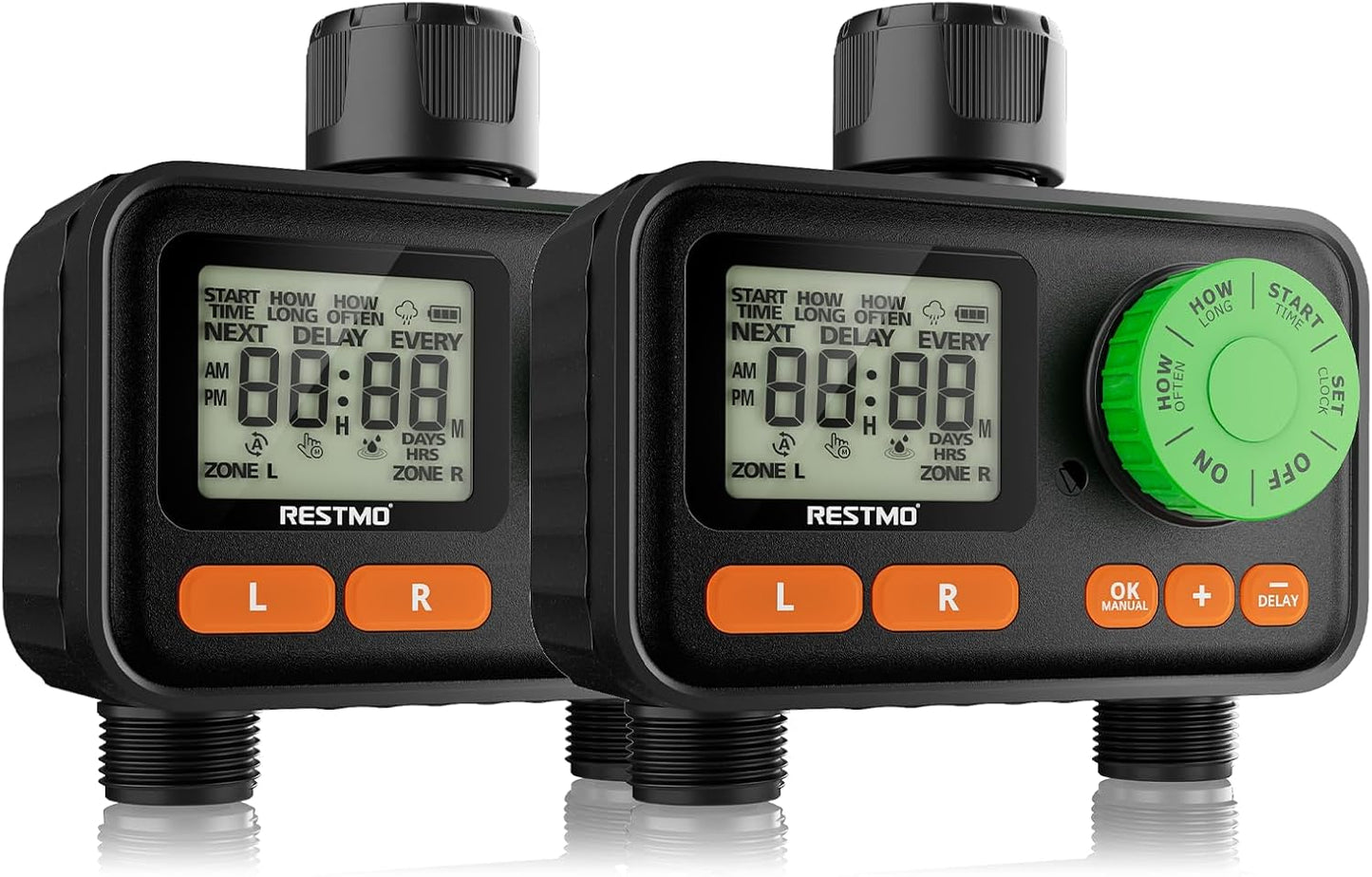 [2 Pack] RESTMO 2 Zone Sprinkler Timer, Programmable Water Timer for Garden Hose, Automatic Digital Control | Manual ON/Off | Rain Delay for Outdoor Faucet, Drip Irrigation and Lawn Watering System