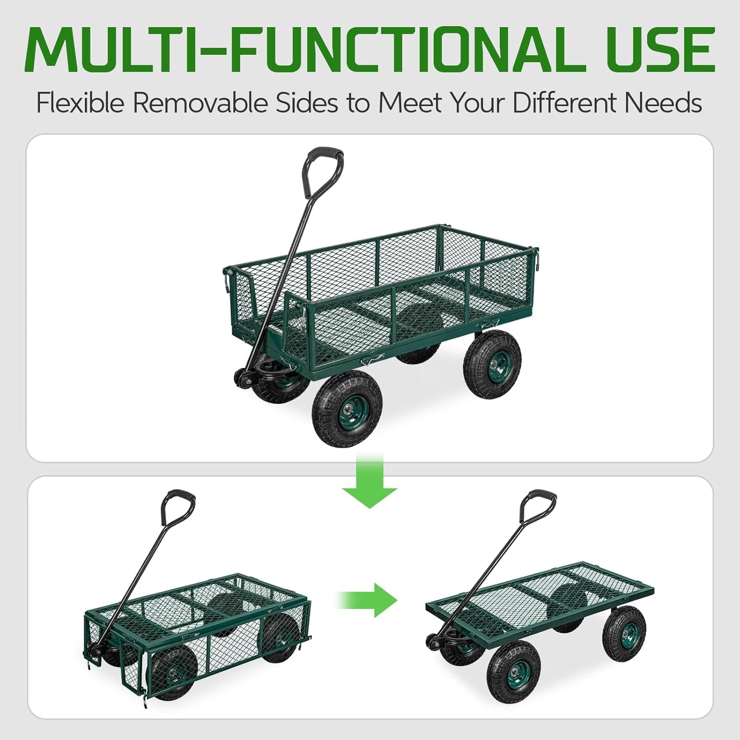 TAIFA Heavy Duty Steel Garden Cart 880 Lbs Capacity with Removable Sides for Yard Lawn and Farm, Metal Utility Wagon with 180° Rotating Handle, Green