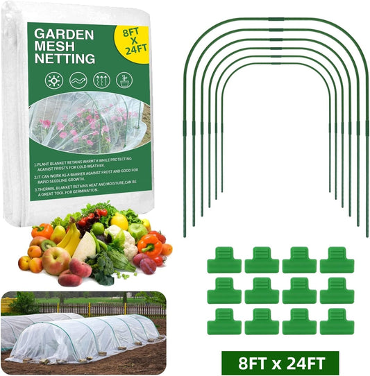 Garden Mesh Netting Kit - 8x24 Ft Ultra Fine Mesh Netting with 6 Sets Garden Hoops & 12 Clips, Bird Protection for Fruit, Vegetable, Flowers & Animals, Greenhouse Cover