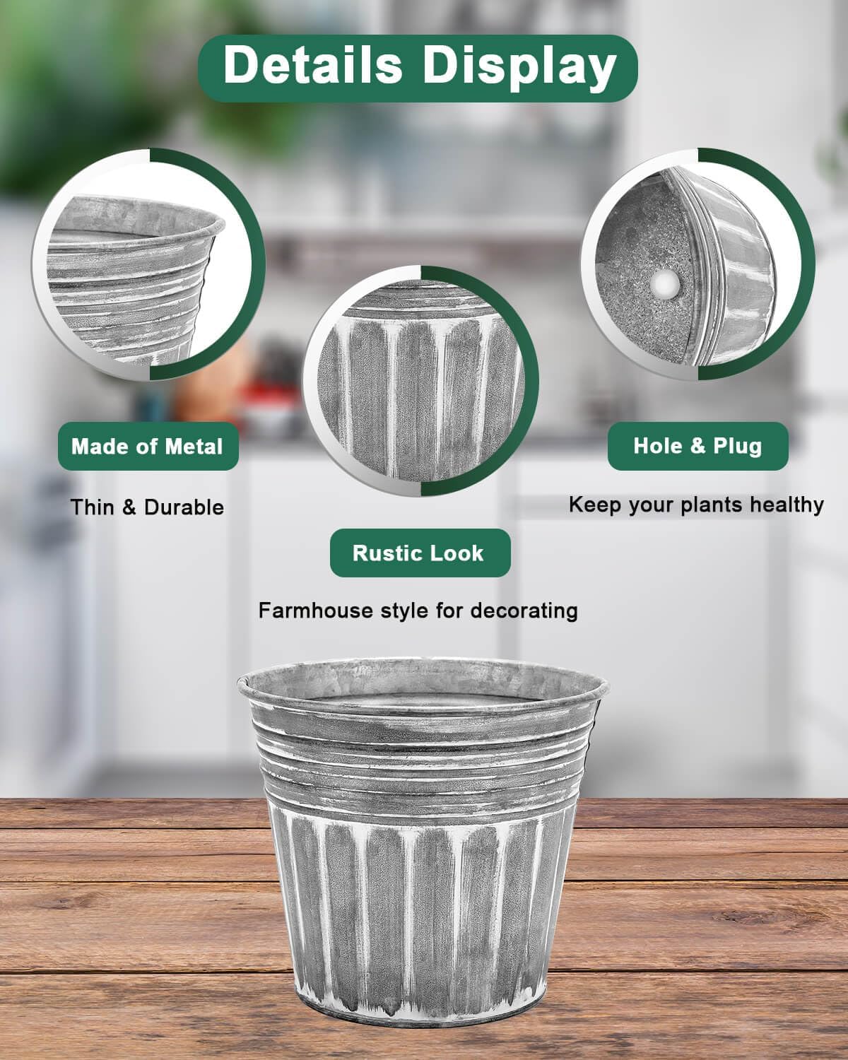 6 Inch Silver Metal Rustic Flower Pots - 6Pcs Galvanized Planters with Drainage Hole and Rubber Plug, Rustproof Metal Bucket Plant Pots Farmhouse Vintage Style for Decor