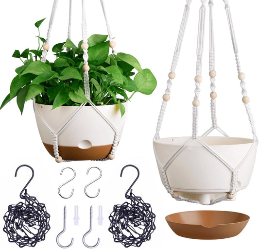 Set of 2-8 Inch Hanging Planters for Indoor Plants with Self-Watering Includes Hanging Pots for Plants, Outdoor Plant Pot with Drainage, and 2 Types of Hanging Baskets Hangers (White)