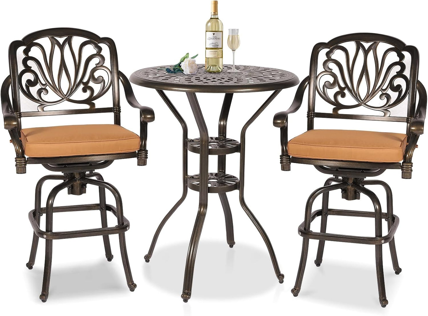 3 Pieces Patio Swivel Bar Set, Patio High Top Bar Table and Chairs Set, All-Weather Cast Aluminum High Swivel Bar Stools Chair Set of 2 and 31" Table, Patio Bistro Set for Garden, Balcony