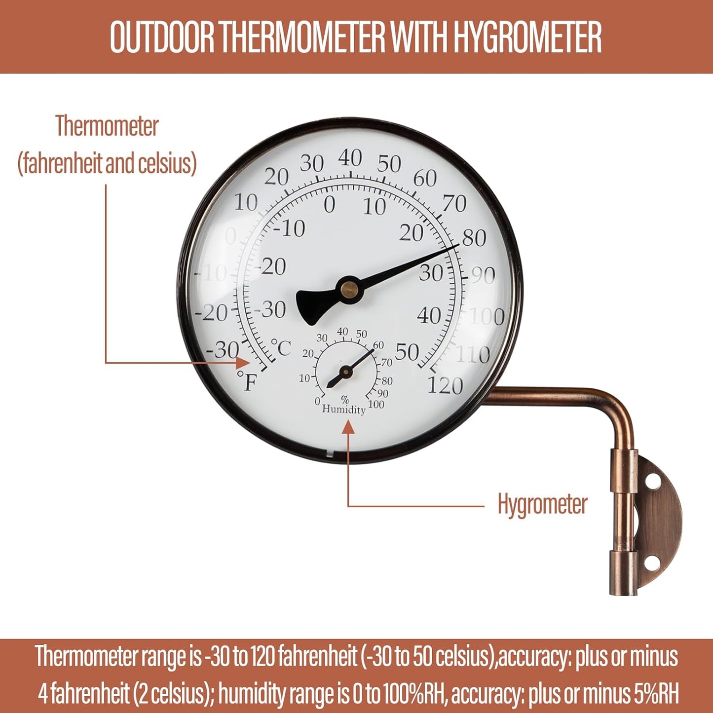 4-Inch Brass Outdoor Thermometer - Analog Temperature Gauge for Patio, Greenhouse and Garage