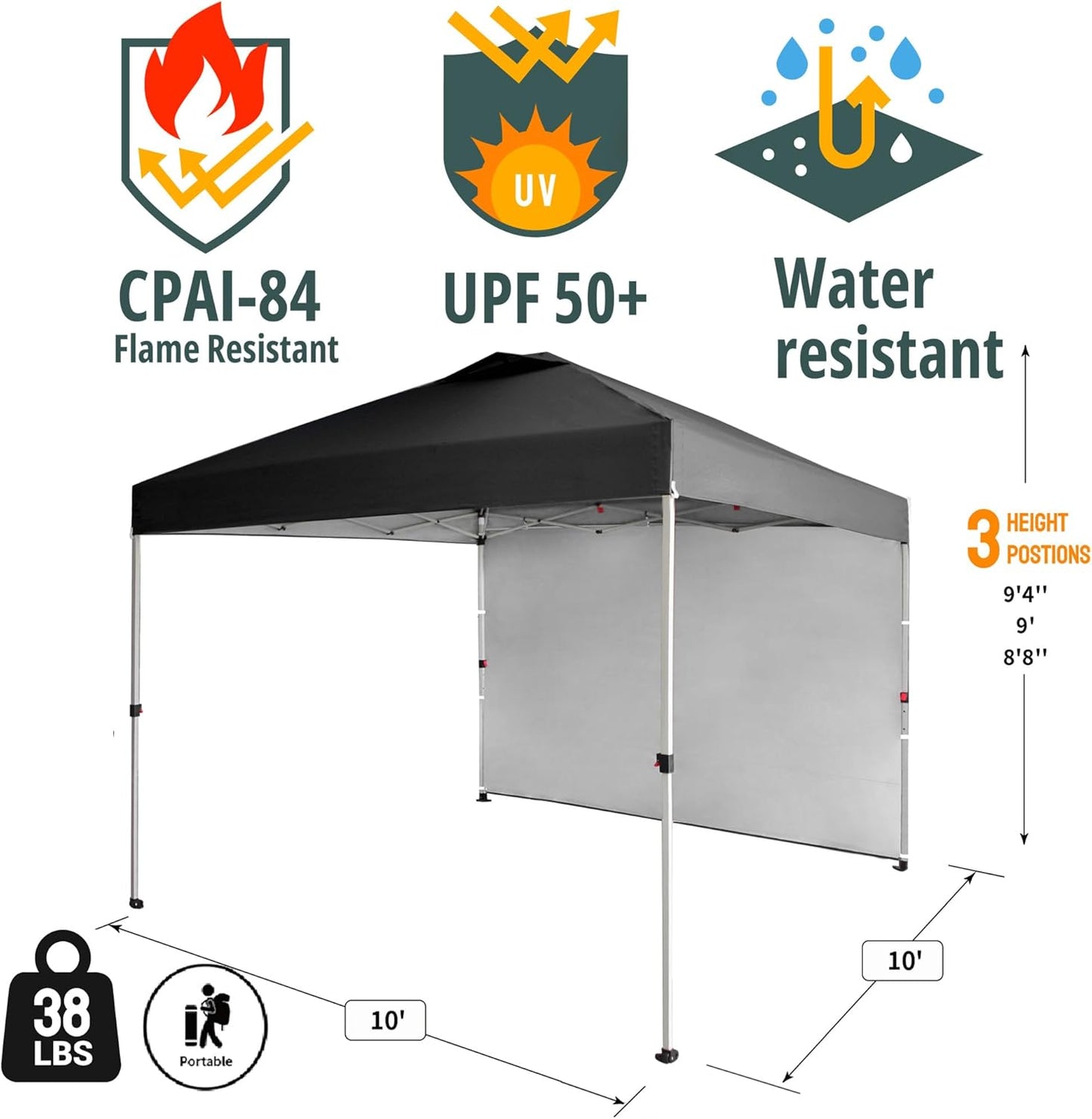 CROWN SHADES 10x10 Pop Up Canopy with 1 Side Wall - Beach Tent with One Push Setup - Outdoor Sun Shade for Events, Parties, Camping - Gazebo with STO-N-Go Cover Bag (Black)