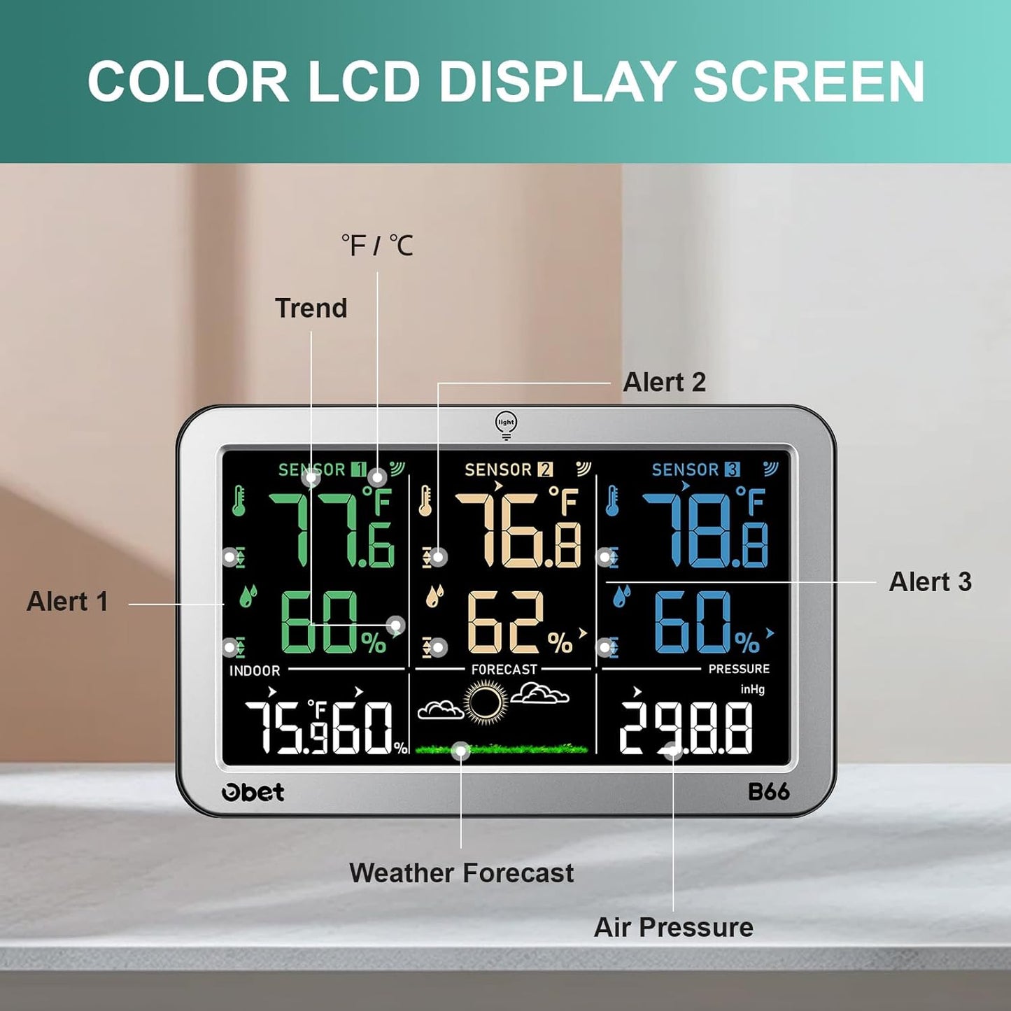 Weather Stations with 3 Sensors Indoor Outdoor Thermometer Wireless Large Display Adjustable Backlight with 500 feet Range Silver