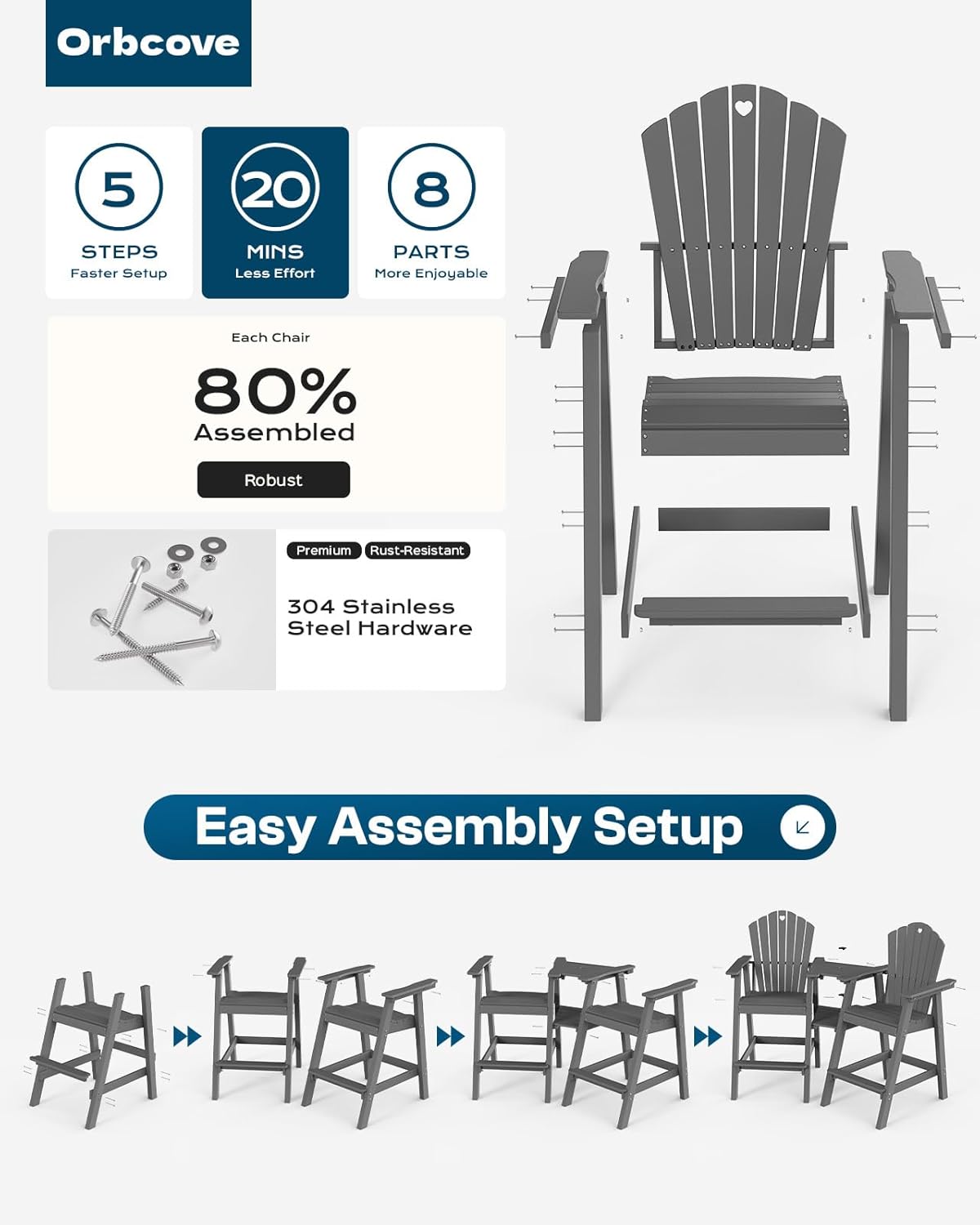 Tall Adirondack Chairs Set of 2 with Double Layer Connecting Table, HDPE Bar Height Outdoor Table and Chairs with Umbrella Hole, All Weather Outdoor Bar Stools for Patio, Deck, Backyard (Grey)