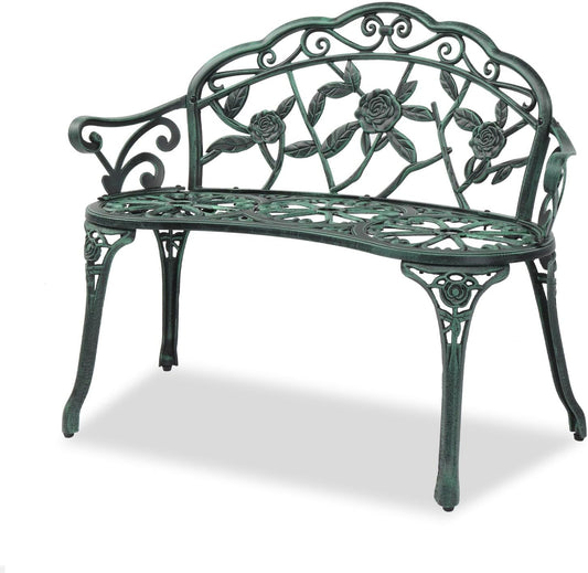 VINGLI 38.5" Patio Park Garden Outdoor Metal Rose Bench,Cast Iron Cast Aluminium Frame Antique Finish Chair,Accented Lawn Front Porch Path Yard Decor Deck Furniture for 2 Person Seat（Green&Black