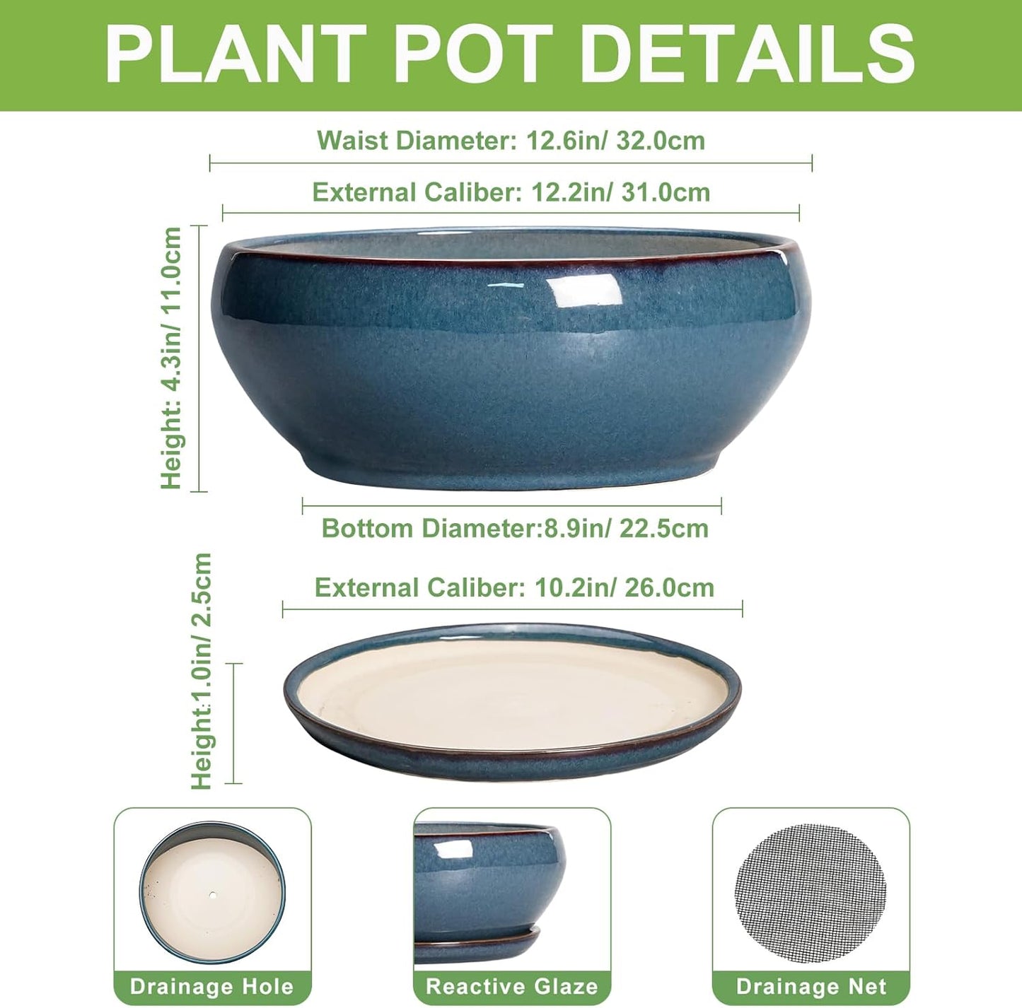 SQOWL Bonsai Tree Pots - 12 Inch Ceramic Succulent Pots, Large Shallow Planter with Drainage Hole and Saucer, Bowl Round Planters for Indoor Outdoor Plants, House Decor, House Warming Gifts, Blue