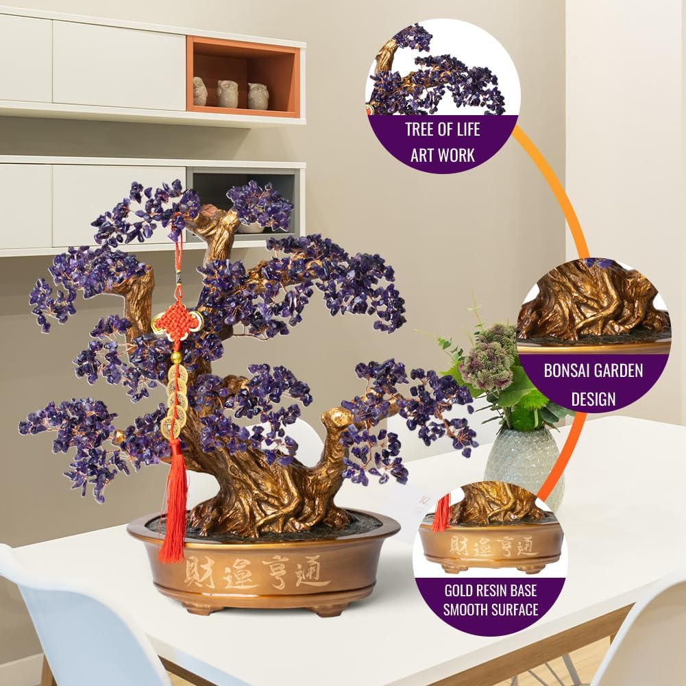Natural Amethyst Gemstone Crystal Bonsai Tree of Life （1,350 Gemstone Count） Large Feng Shui Money Chakra Tree for Luck and Wealth Desk Decoration 20 Inches