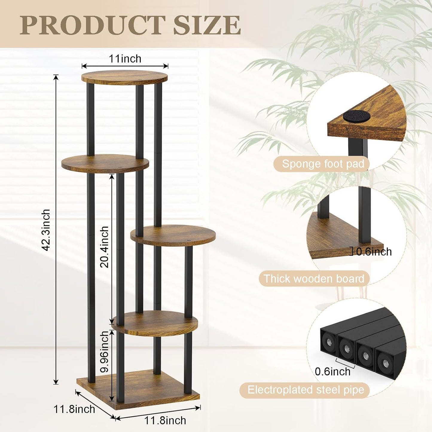 5 Tier Plant Stand Indoor, Metal Wooden Tall Plant Shelf Flower Pot Stand for Multiple Plants, Corner Flower Holder Plant Display Rack for Living Room Balcony Patio Garden (Rustic Brown)