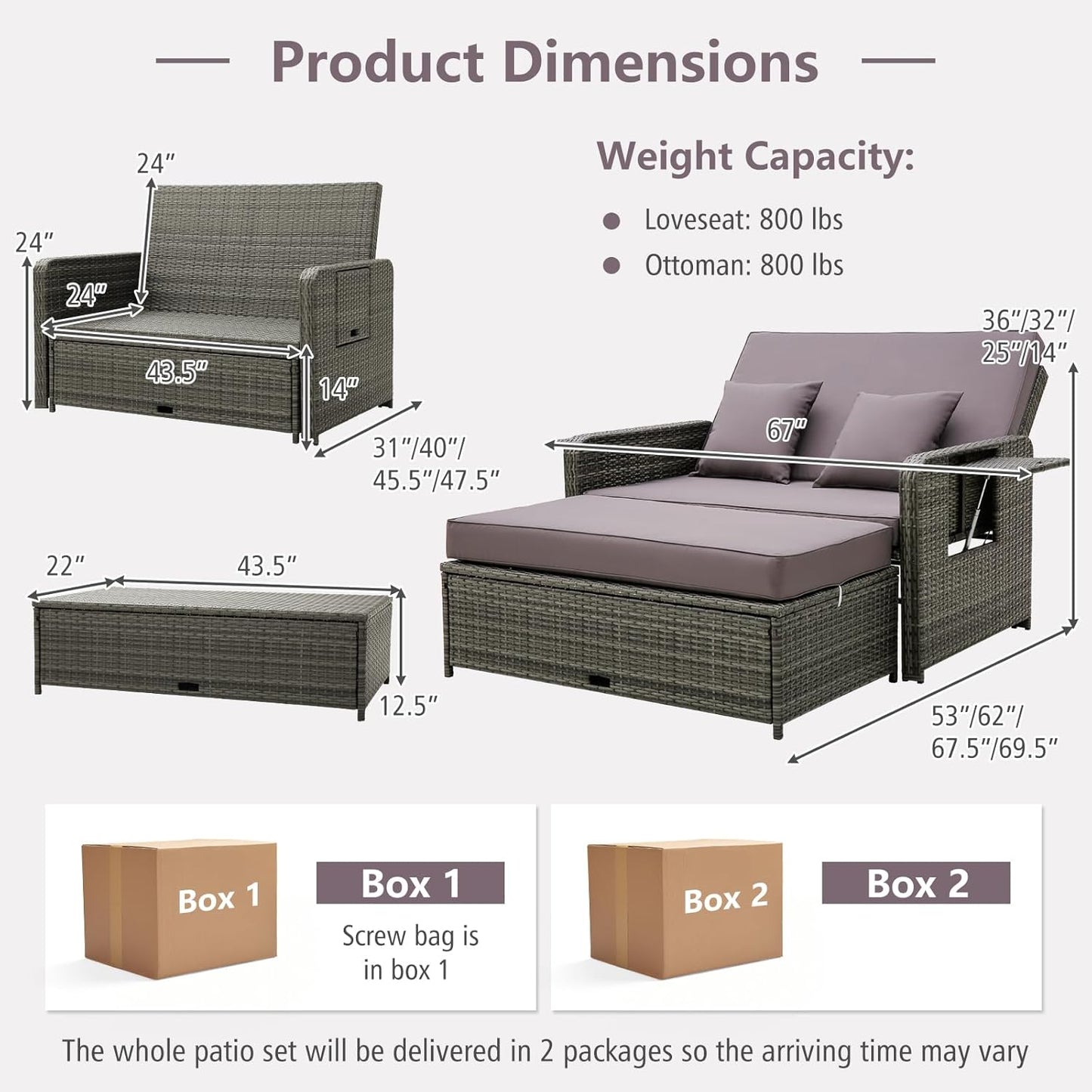 Tangkula Patio Rattan Daybed Set, Wicker Loveseat Sofa w/Multipurpose Ottoman & Retractable Side Tray, 4-Level Adjustable Backrest, Footstool w/Storage, Seat & Back Cushion Included (Gray)