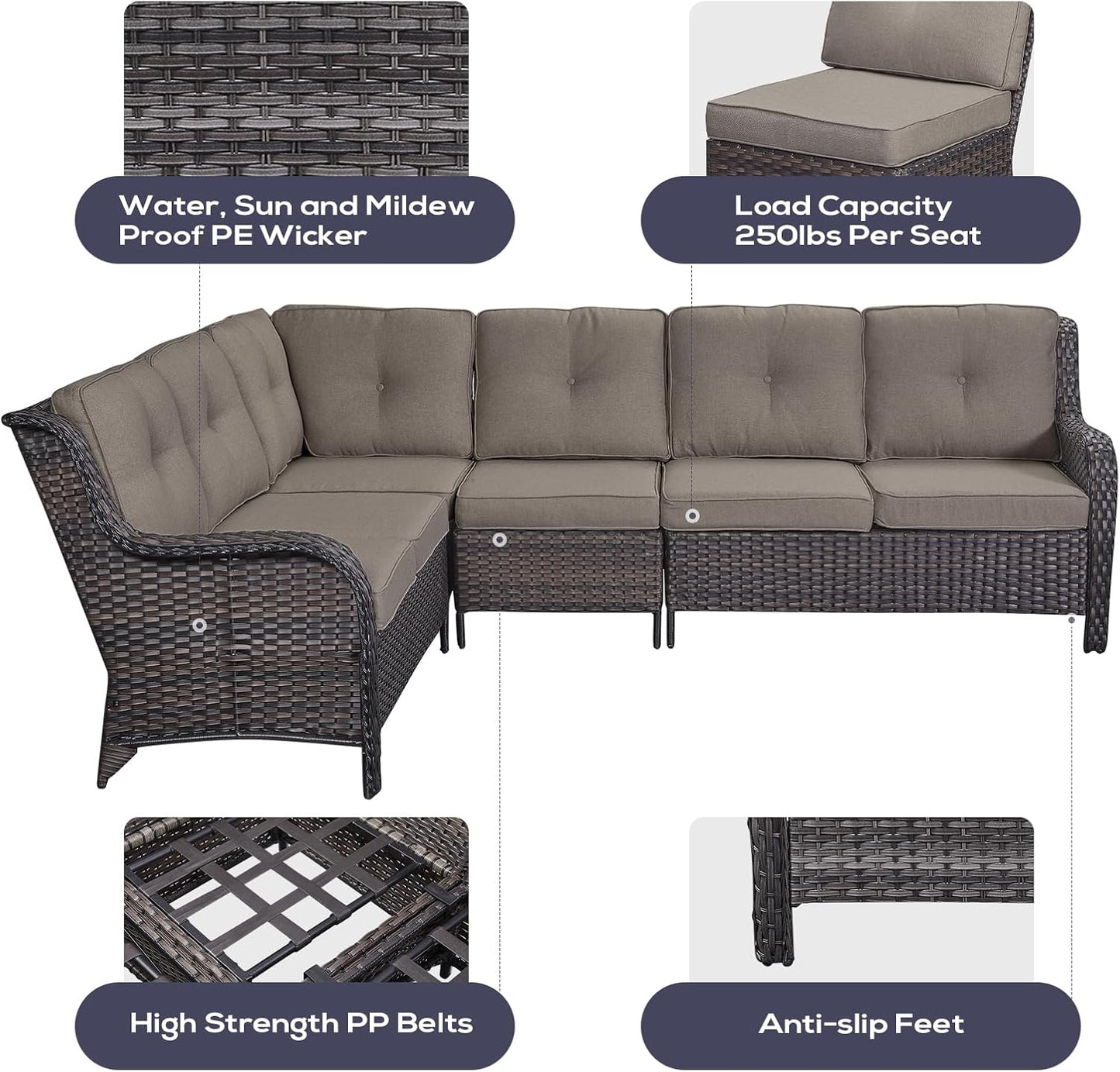 Outdoor Furniture Sectional Sofa L Shaped Couch - Patio Wicker Set with 2 Swivel Glider Chairs, 5 Piece Rattan Patio Conversation Sets with Gray Cushion for Deck Backyard Sunroom