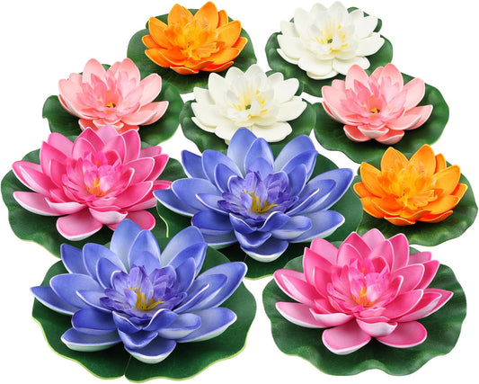 10PCS 3 Sizes Artificial Foam Lotus Floating Flowers with Water Lily Pad Ornaments for Home Garden Pond Decor Pools Water Decorations, Colorful