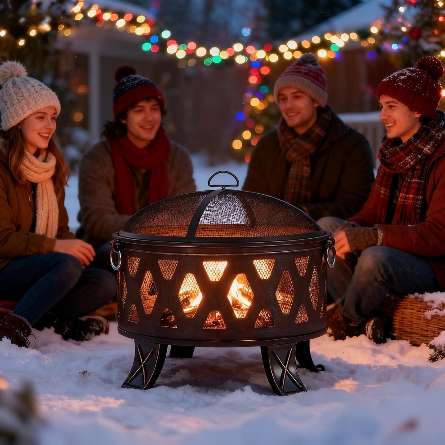 Breezz 26 Inch Wood Burning Fire Pit with Cooking Grill and Spark Screen, Outdoor Metal Round Firepit for Patio, Backyard, Bonfire Party, Camping and Garden