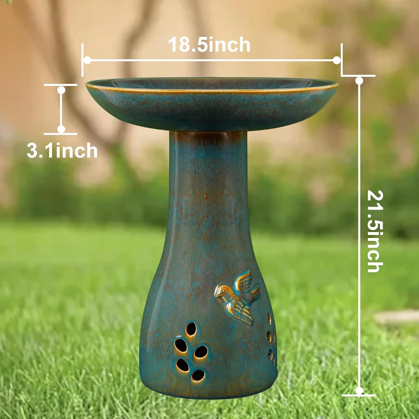 Ceramic Bird Bath for Outdoors, 21.5 inch Heavy Duty Bird Bath，Weather-Resistant Birdbath for Outdoor Garden Use, Attracts Birds, Elegant Yard Décor - Blue