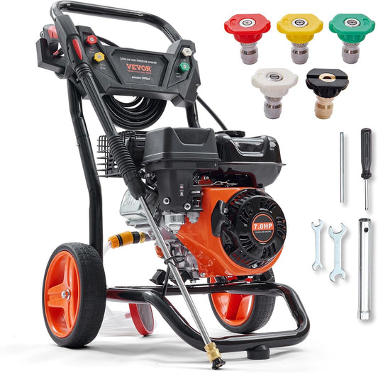 VEVOR Gas Powered Pressure Washer 3400 PSI 2.6 GPM, with Spray Gun and Extension Wand, 5 Quick Connect Nozzles, Copper Pump