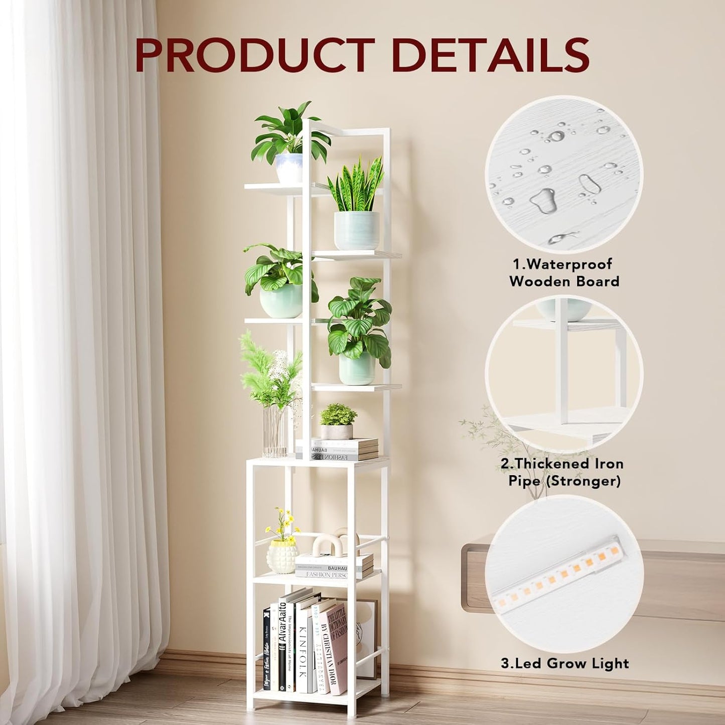 Plant Stand Indoor with Grow Light, 7-Tiered Tall Plant Stand Indoor, Metal Plant Shelf with Bookshelf Bookcase and Adjustable Light, Ideal for Living Room, Reading room, Garden, Patio (white)