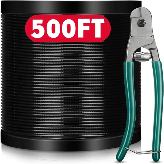Tandefio 500 ft Vinyl Coated Wire Rope 304 Stainless Steel Black Stainless Wire 1/16 Inch Overmolded to 3/32 Inch with Cutter 7x7 Strands Construction for String Lights Hanging Clothesline Fence
