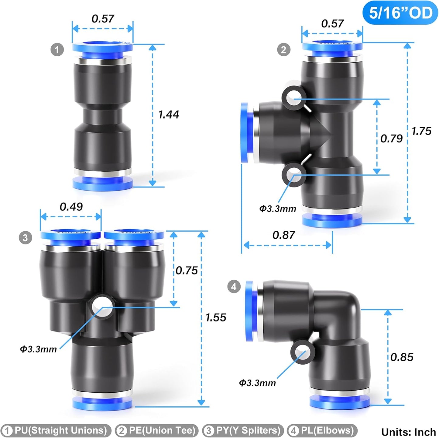 TAILONZ PNEUMATIC 5/16 Inch od Push to Connect Fittings Pneumatic Fittings Kit 2 Spliters+2 Elbows+2 tee+2 Straight (8 pcs)