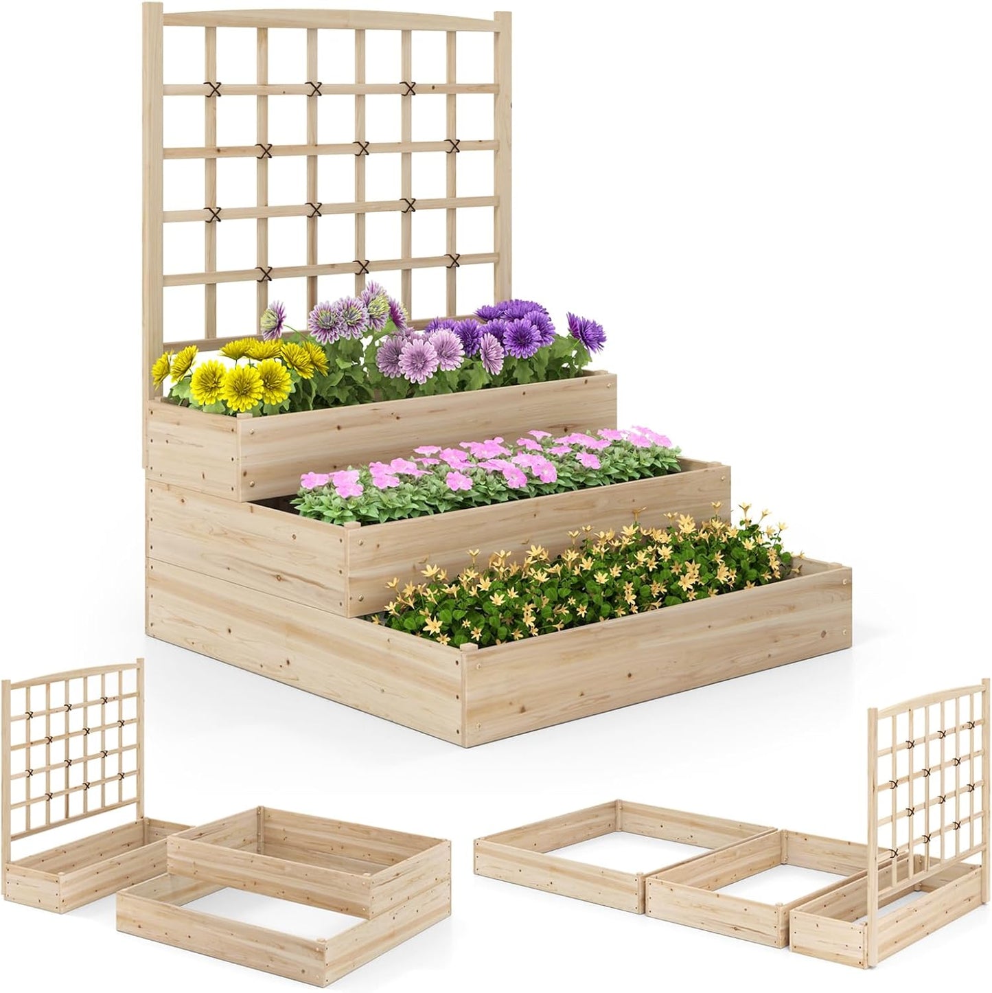 HAPPYGRILL 3-Tier Raised Garden Bed, Wooden Planter with Trellis & Open-Ended Base for Patio Yard Lawn, Outdoor Planter Boxes for Climbing Plants Vines Flower Herb Vegetable Fruit, 44” x 45” x 56”
