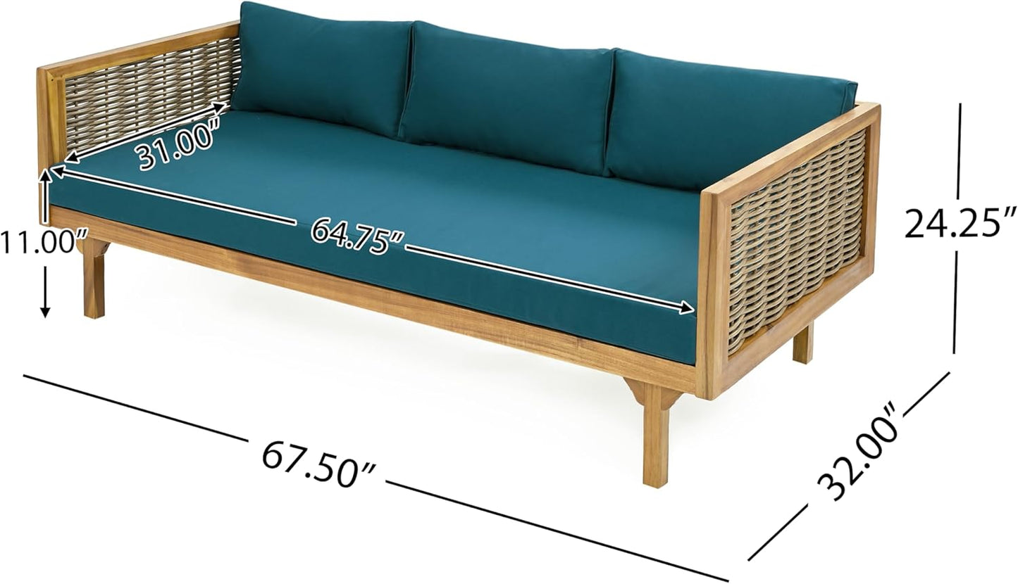 Christopher Knight Home Claremont Patio Sofa and Coffee Table Set, 2 Piece Wicker Patio Furniture Set, Acacia Wood 3 Seater Outdoor Sofa Daybed and Coffee Table Set, Teak+Dark Teal