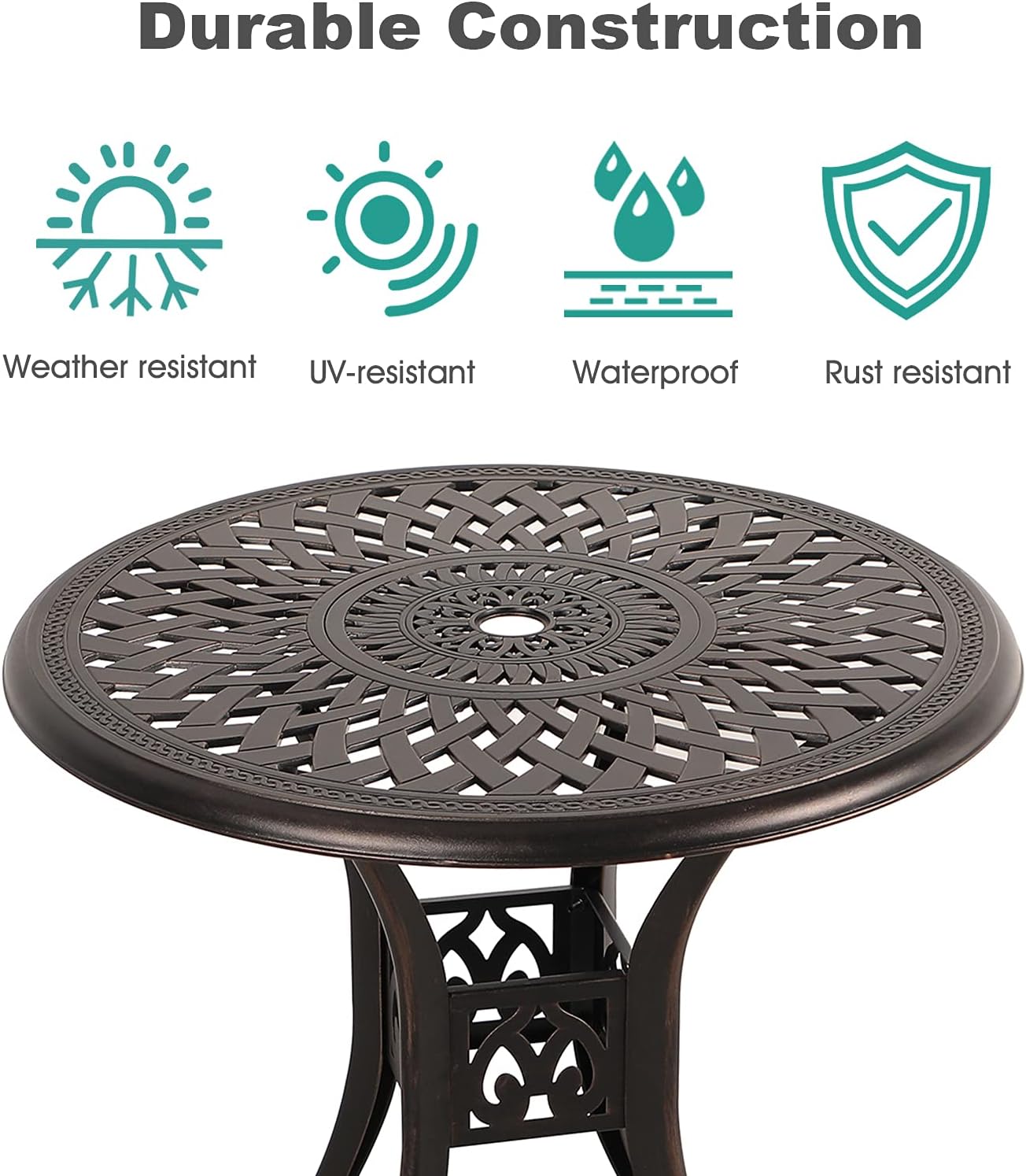 COBANA Patio Bistro Table, 31’’ Round Cast Aluminum Outdoor Dining Retro Side Table with 2’’ Umbrella Hole, Bronze