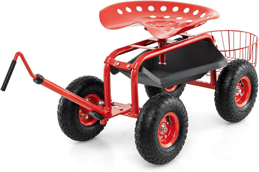 Goplus Rolling Garden Seat with Wheels, Outdoor Gardening Scooter with 360° Swivel Seat, Tool Tray & Basket, Adjustable Steering Handle for Lawn, Gardening Stool, Garden Cart for Planting