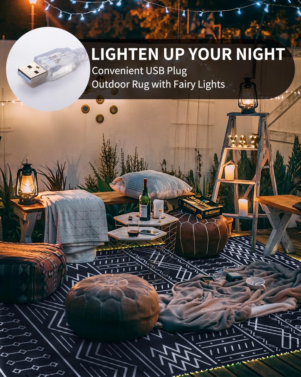 Outdoor Rug Carpet Waterproof 8x10 ft with LED Strip Lights-Patio Rug Mat Indoor Outdoor Rug for RV Camping Picnic Reversible Lightweight Plastic Straw Outside Rug for Patio Decor Decoration Boho Rug