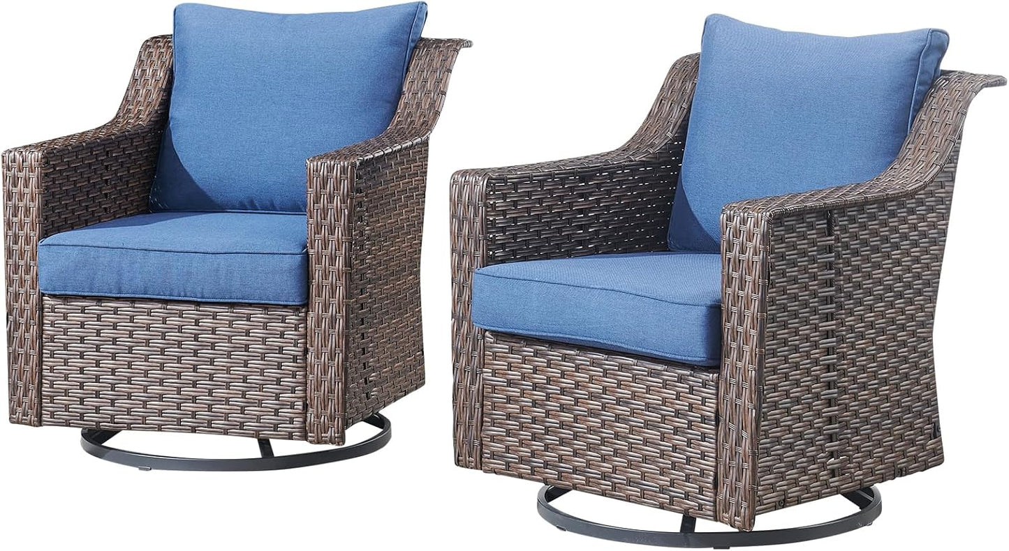Outdoor Patio Wicker Swivel Chairs - Set of 2 Outside Resin Rattan Rocker Glider Gliding Chair Rocking Armchairs for Front Porch Balcony Backyard Yard Deck Poolside Apartment – Brown/Blue
