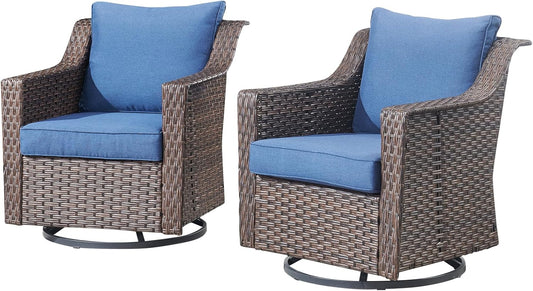 Outdoor Patio Wicker Swivel Chairs - Set of 2 Outside Resin Rattan Rocker Glider Gliding Chair Rocking Armchairs for Front Porch Balcony Backyard Yard Deck Poolside Apartment – Brown/Blue