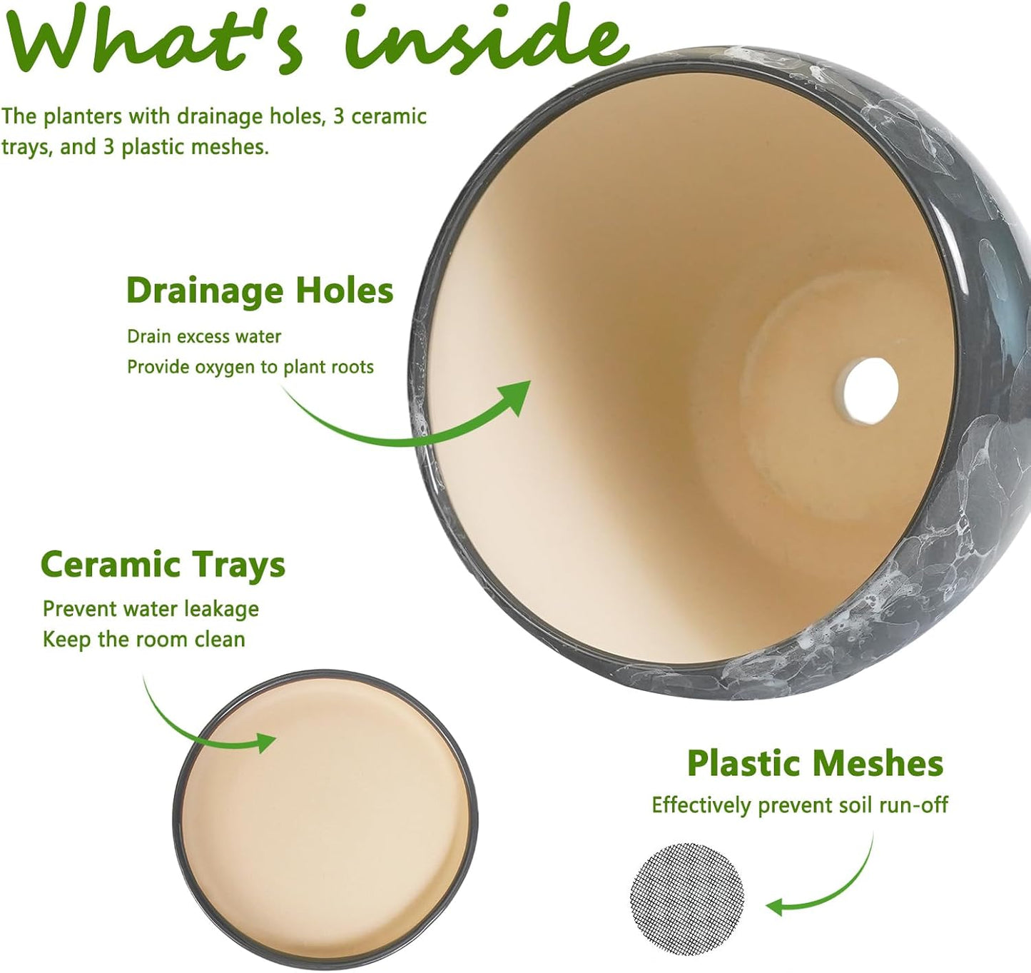 Ceramic Planters - 10 Inch 8 Inch 6 Inch Round Decorative Plant Pots with Drainage Holes and Saucers for Indoor Outdoor Flower, Room Home Apartment Decor, Gift for Women Men, Set of 3, Grey