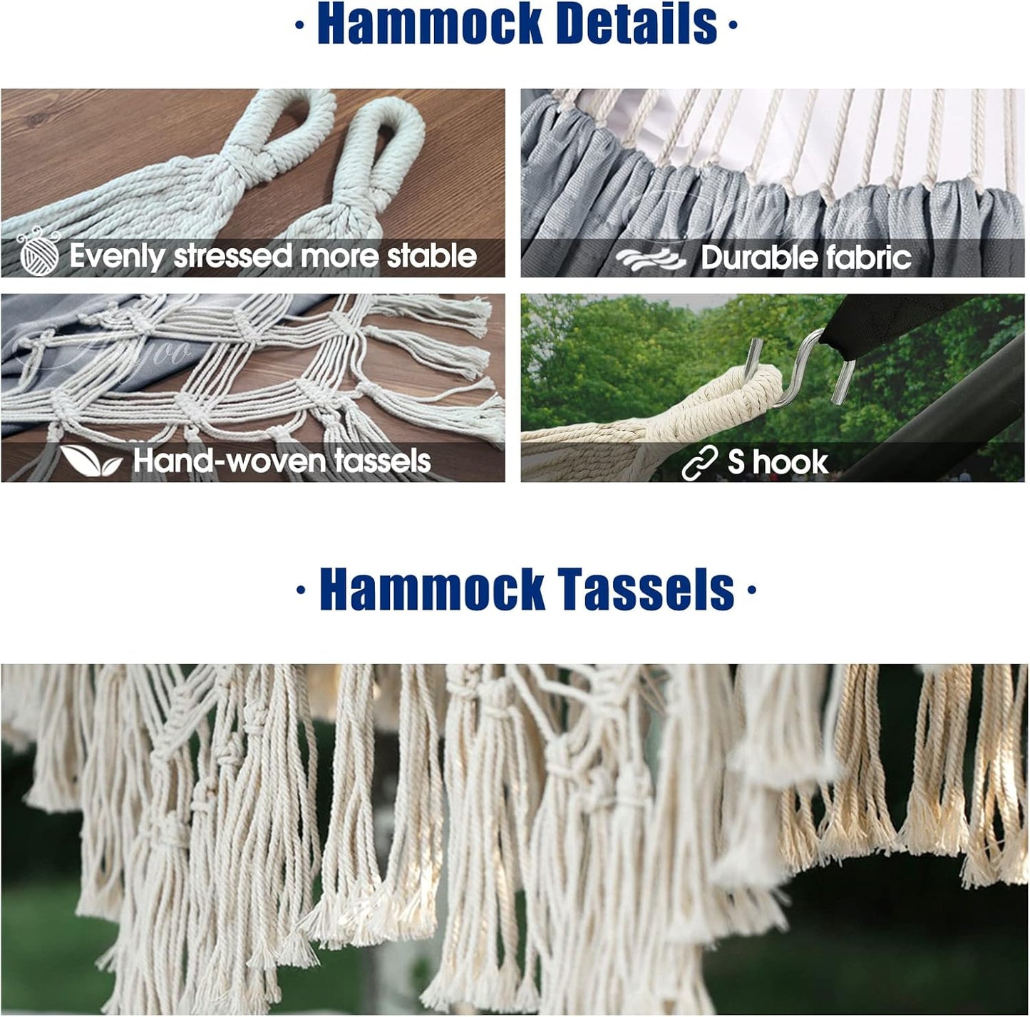 Anyoo Cotton Hammock - Comfortable & Elegant Deluxe Hammock with Tassels - Supports Up to 450lbs - Portable with Travel Bag for Porch, Patio, Yard, Bedroom & Outdoor/Indoor