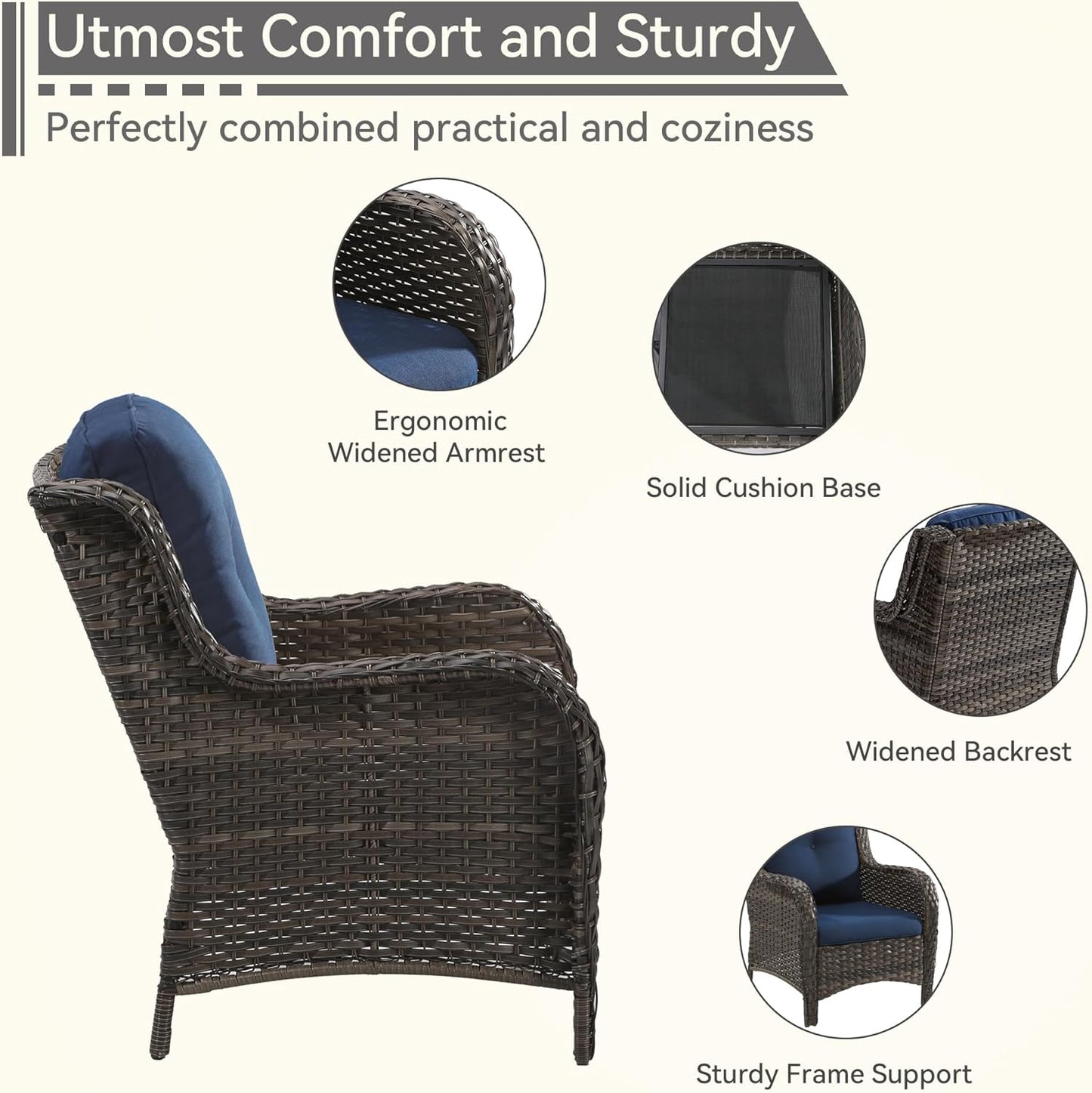 4 Pieces Patio Conversation Set, Wicker Chairs Set of 2 and Two Ottomans with 3.5-inch Seat Cushions, High Back and Curved Armrest for Backyard, Balcony and Deck, Blue