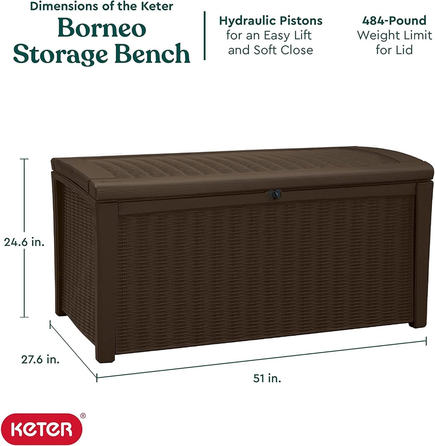 Keter Outdoor Storage Deck Box, for Patio, Backyard & Garden, Borneo, 110 Gallon, Brown - Lockable, Organizing, and Waterproof Plastic Container Bench