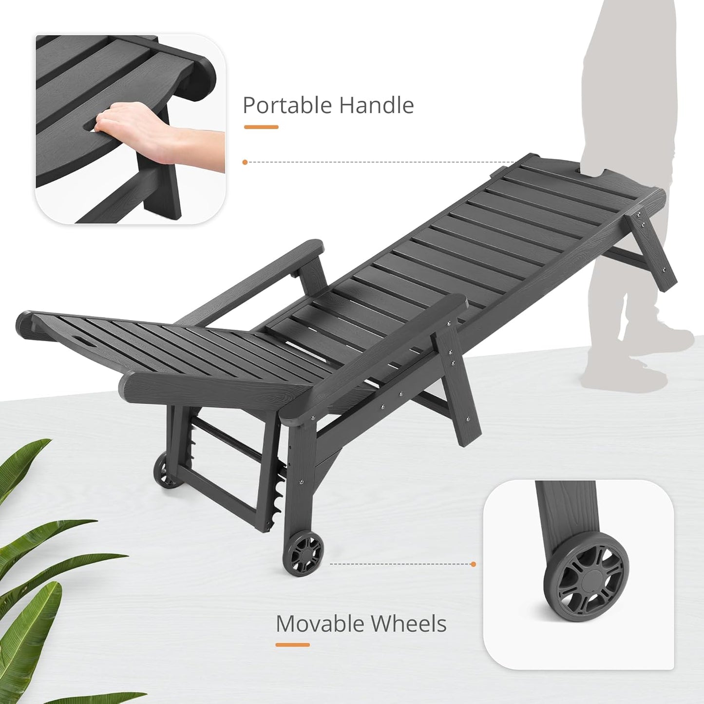 LUE BONA Outdoor Chaise Lounge Chairs Set of 2, 79'' Oversized HDPS Chaise Lounger, 5 Positions Adjustable Lounge Chairs, Pool Lounge Chair with Wheels for Poolside, 3 Year Warranty, Dark Gray