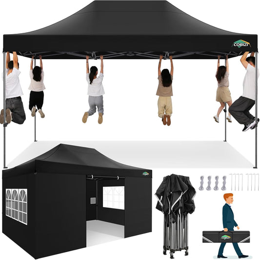 COBIZI 10x15 Heavy Duty Pop up Canopy Tent with 4 sidewalls Commercial Outdoor Canopy Wedding Party Tents for Wedding All Season Wind & Waterproof Gazebo with Carry Bag, Black(Frame Thickened)