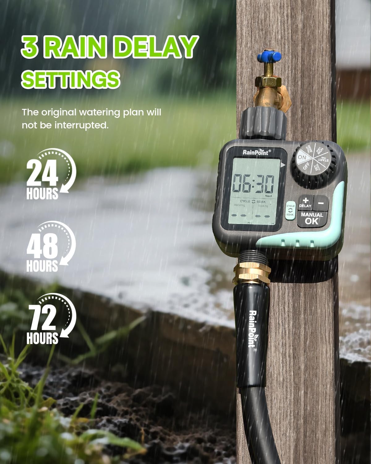 RAINPOINT Sprinkler Timer - Cycle & Soak Water Timer for Garden Hose with Rain Delay/Automatic Watering/Manual Watering, Programmable for Lawn, Yard, Irrigation System, Outdoor