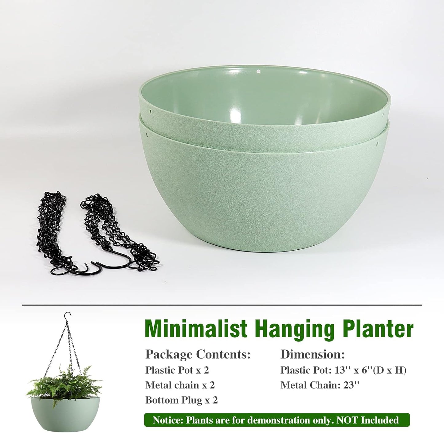 WOUSIWER 13 inch 2 Pack Large Hanging Planters for Indoor Outdoor Plants with Drainage Holes and Chain, Round Hanging Flower Pots for Garden Home Porch Decor, Green