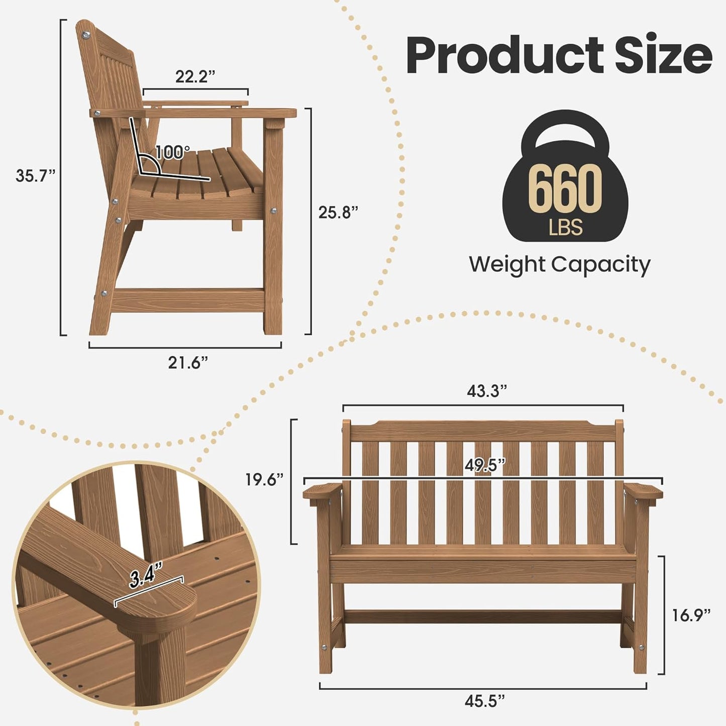 Ciokea 46" Heavy Duty Outdoor Bench, HDPE Weatherproof Garden Benches, Durable 2-Person Benches with 660 Lbs, Waterproof Patio Porch Bench for Outside Balcony Deck Backyard, Teak