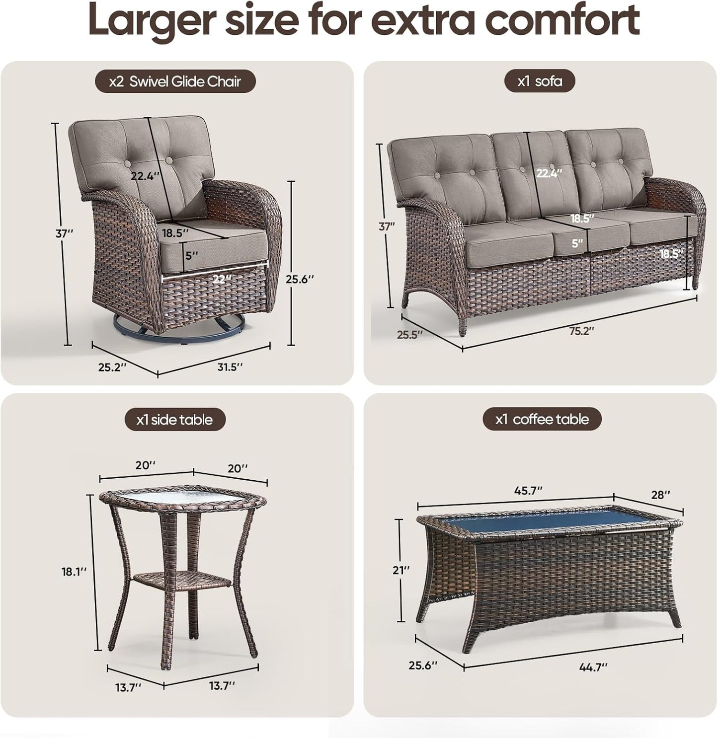 5-Piece Rotating Balcony Chair Set with 31-inch T-Shaped Wide backrest - Rattan Outdoor Rotating Balcony Chairs, Wide backrest Comfortable Outdoor Sliding Chair - Brown | Grey