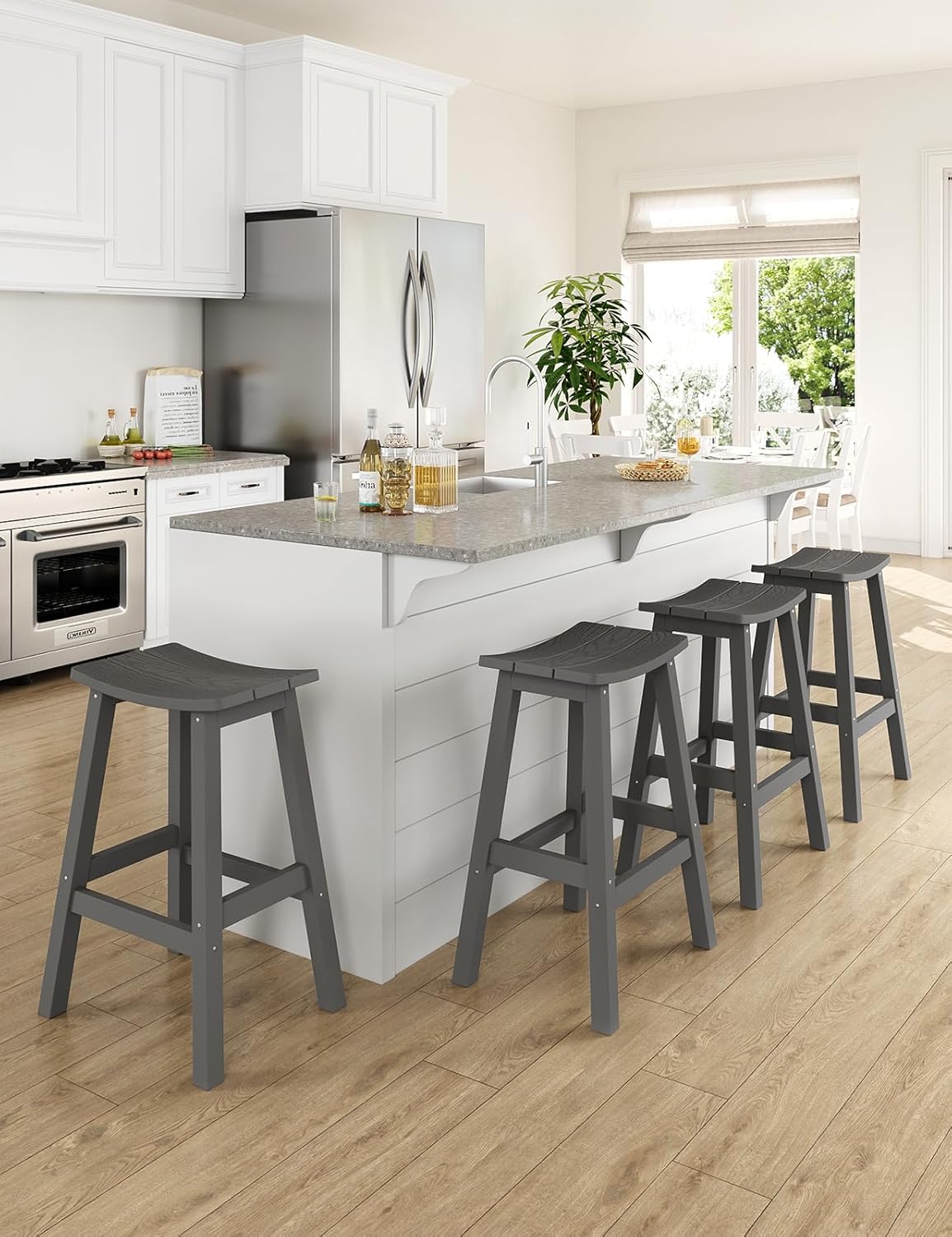 Weatherproof Bar Stools Set of 4, 28" Height Outdoor Bar Stools Holds up to 400 lbs, Saddle Seat, Bar Height Stools for Patio, Garden, and Kitchen Island, Gray
