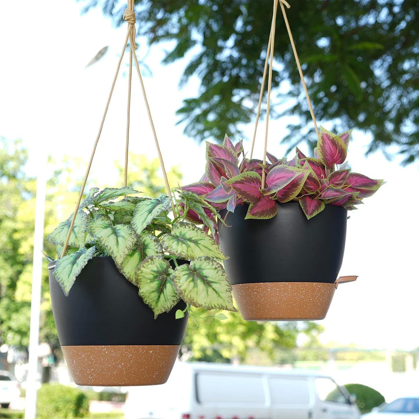 8 inch Hanging Planters, 2 Pack Self Watering Hanging Pots with 20oZ Deep Reservoir for Indoor Outdoor Plants Flowers, Black with Brown