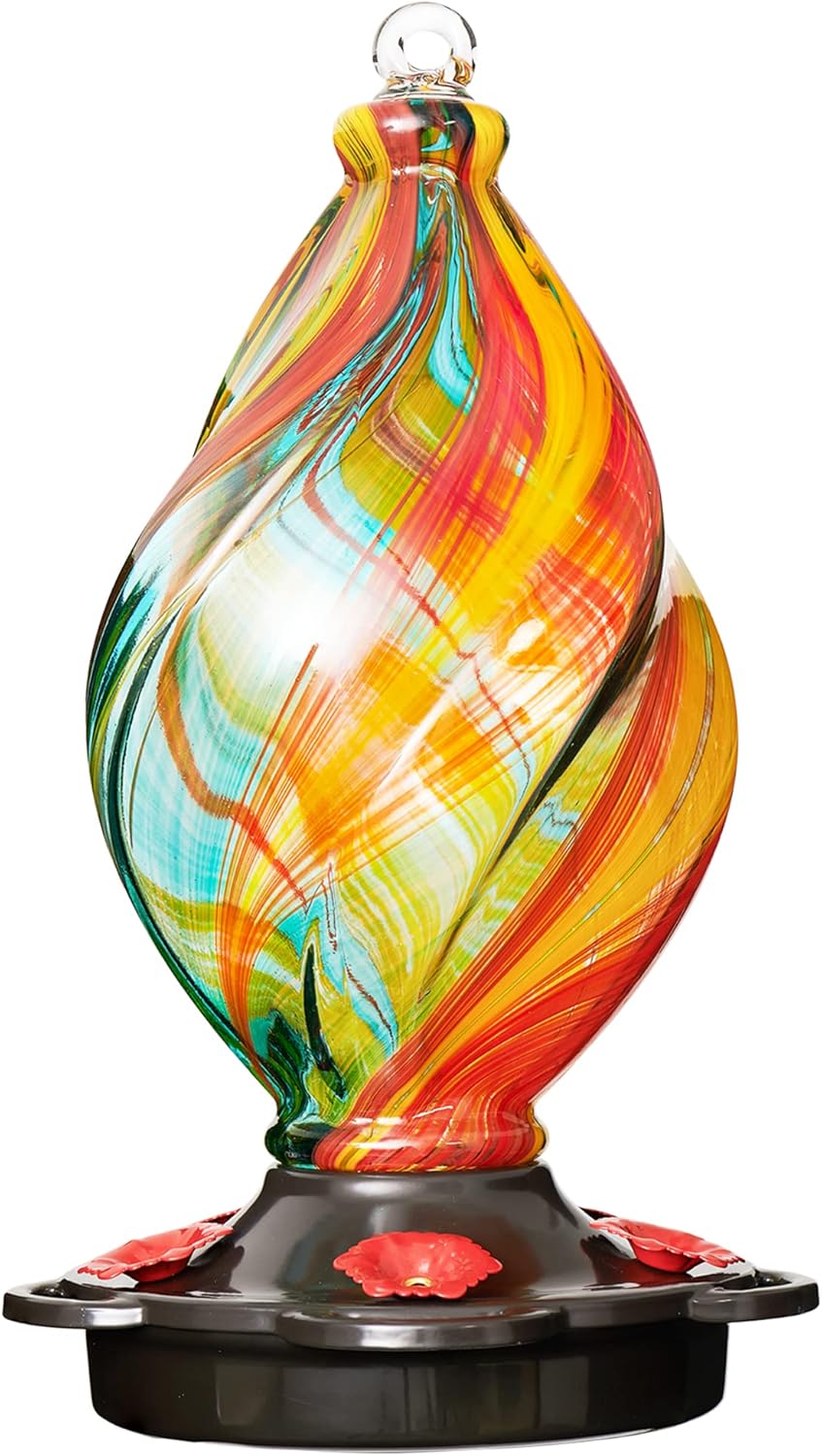 LUJII Ice Cream Shaped Spiral Hummingbird Feeder for Outdoors Hanging, Hand Blown Glass, 28 fl.oz, Leak Proof & Rustproof, Includes an Ant Moat, Unique Garden, Outside & Backyard Decor (Ribbon)