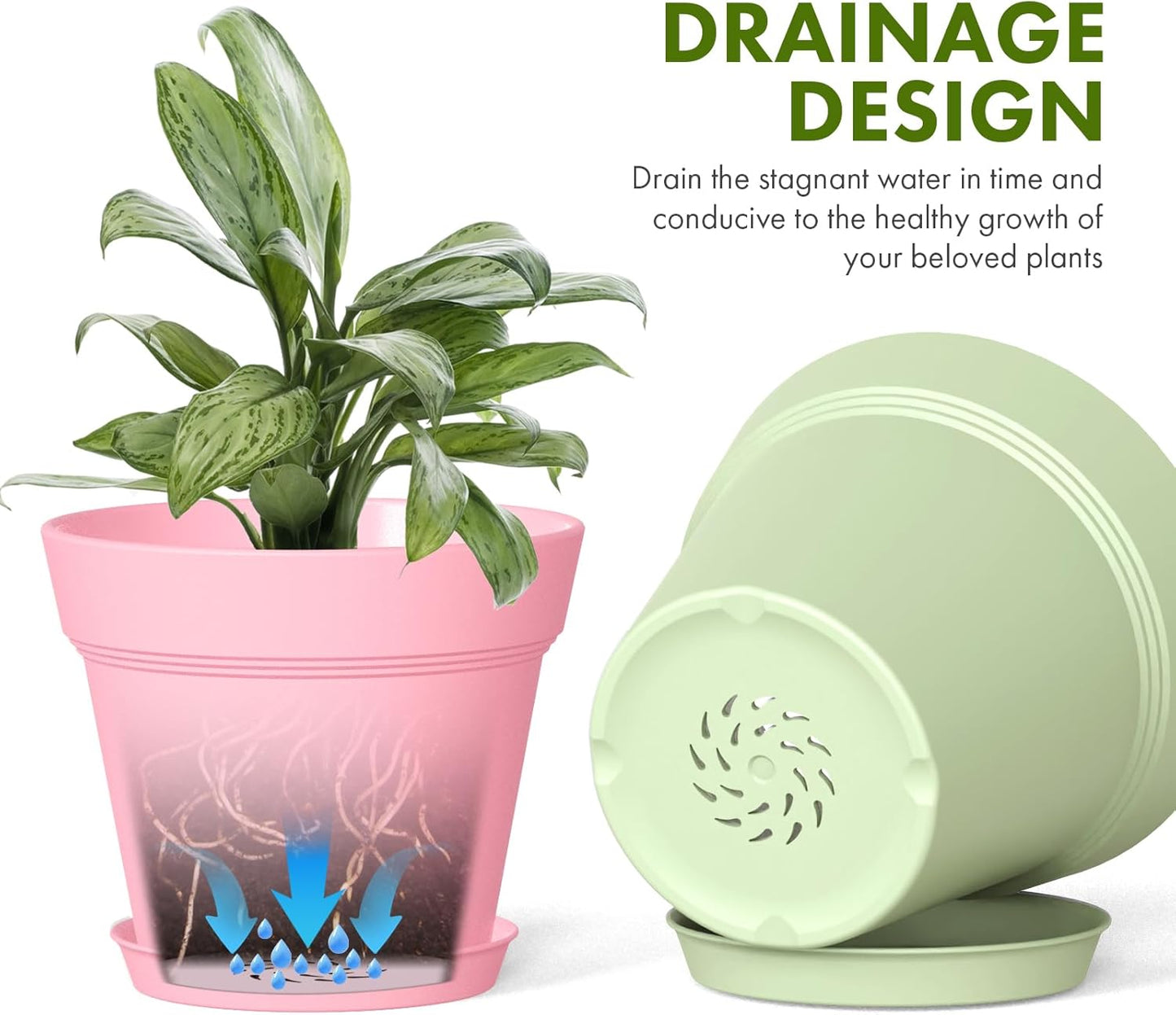 6 Inch Thick Plastic Plant Pots with Drainage Holes and Trays – 6 Pack Nursery Pots for Indoor & Outdoor House Plants, Seedling Starter Planters for Garden Flowers, Colorful