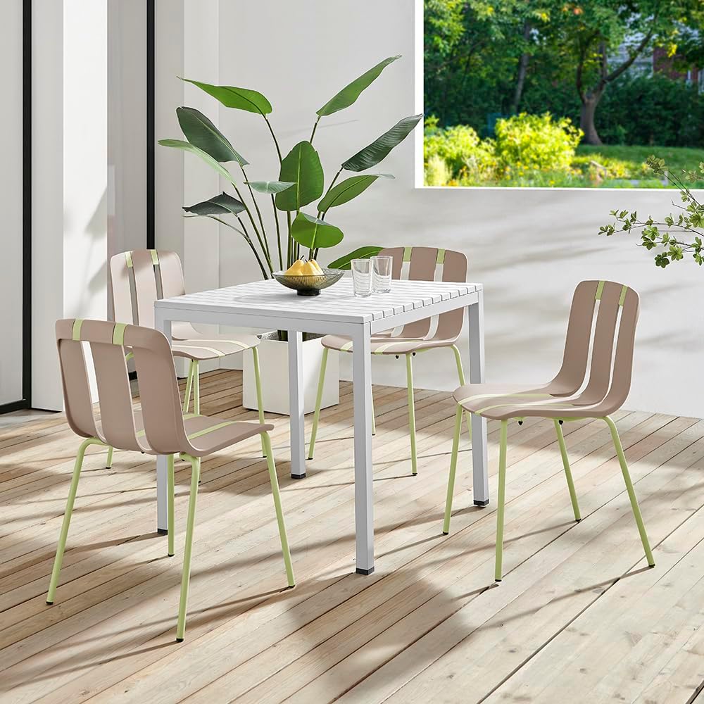 Plastic Outdoor Dining Table with Metal Legs, Weather Resistance, Home Patio Table, Restaraunt Outdoor Table, Quick Assembly (White)