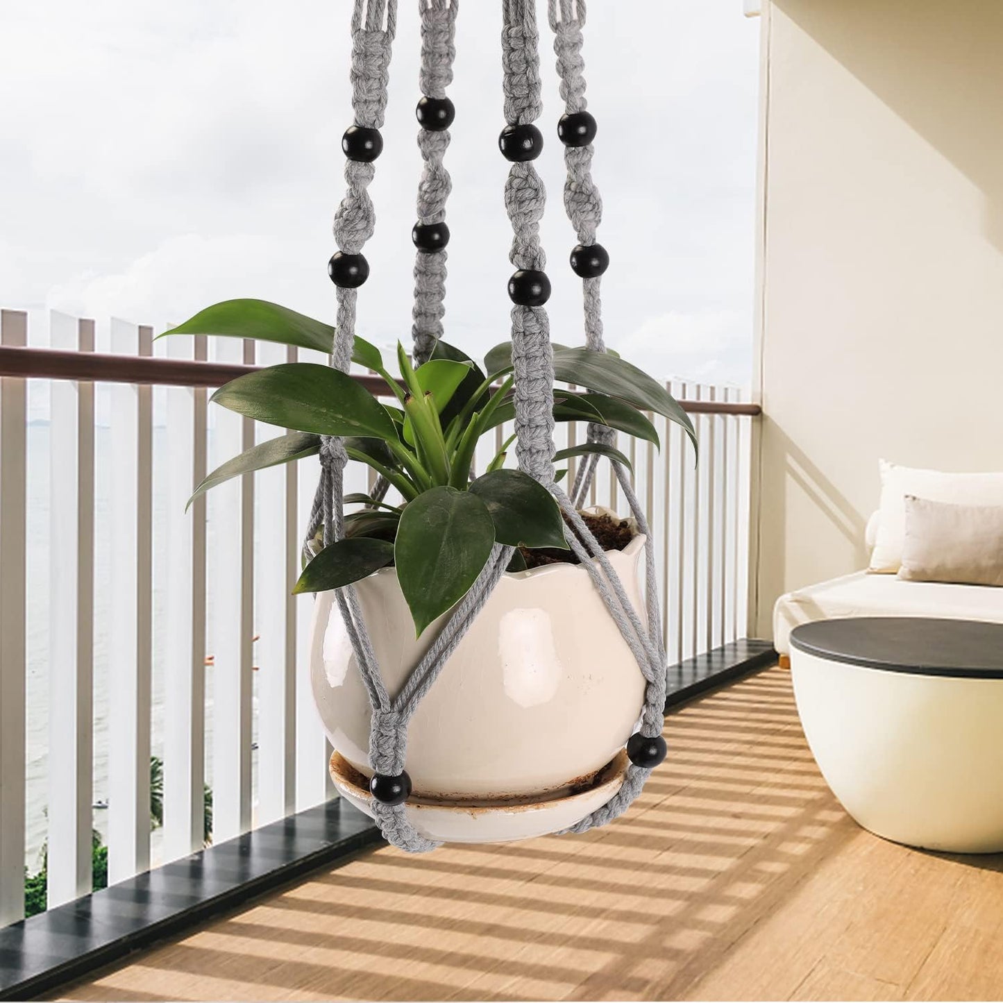 3-Pack Macrame Plant Hanger Indoor - Hanging Planter Basket for Indoor Outdoor - Decorative Boho Plant Holders Set with Beads - Ceiling Flower Pot Holder with 6 Hooks - 35"/30"/24" Gray