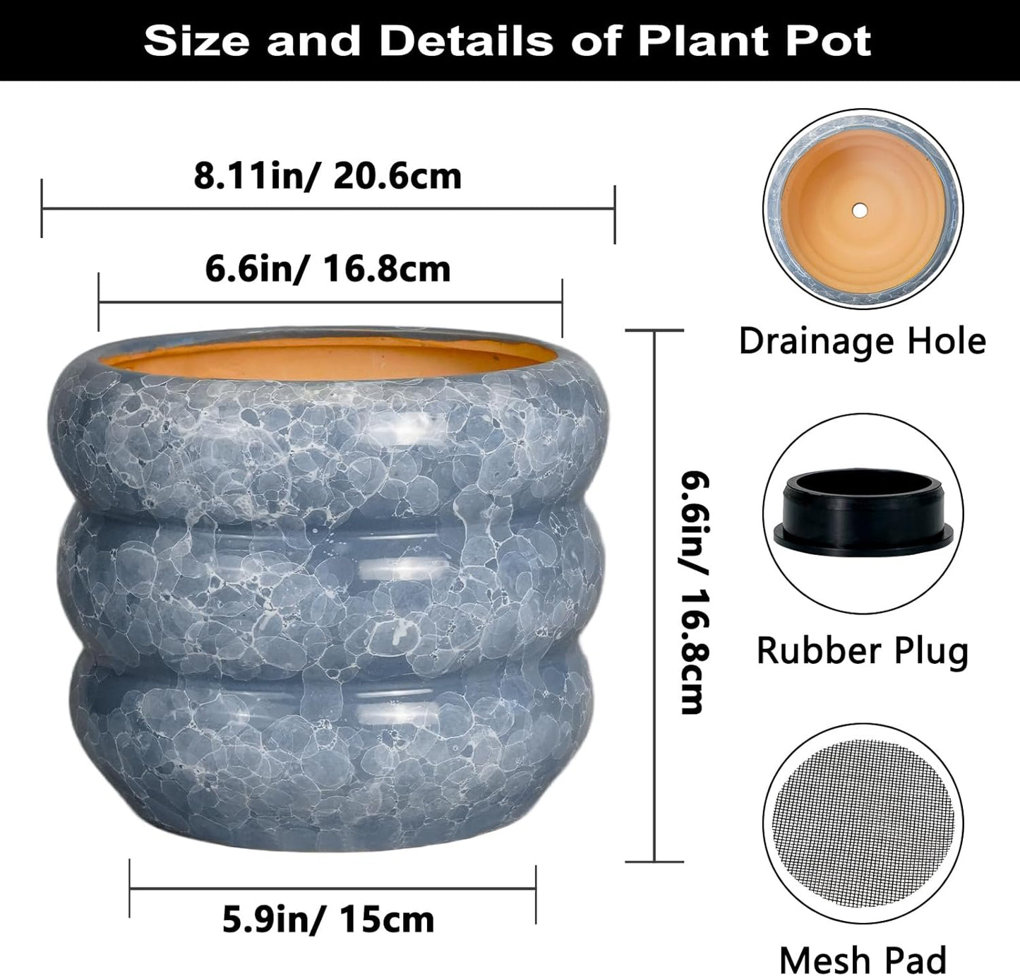 SQOWL Ceramic Planter 8 Inch - Indoor Plant Pot with Drainage Hole Outdoor Planter Round Flower Pot Modern Decorative Plant Pot for Home Office Decor Gray
